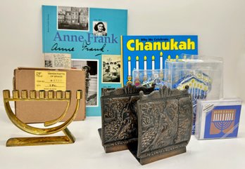 New In Box Brass Menorah, Bookends Made In Palestine, Anne Frank Book & Chanukah Decorations