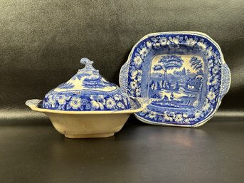 A Rare Pair Of Antique Blue Transferware Vegetable Bowls, One Lid