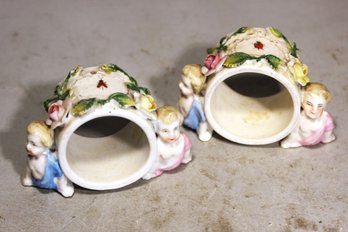 Pair Antique Porcelain Continental Napkin Rings W Babies And Bugs