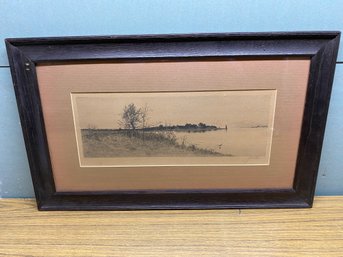 Antique Framed, Matted And Signed Print On Coastline With Peninsula And Docks. Beautiful Oak Frame.