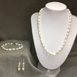 Fabulous Four (4) Piece Suite Of Genuine Cultured Baroque Pearls - Necklace - Bracelet & Earrings In Sterling