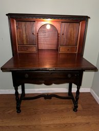 Vintage Wooden Secretary Desk W/ Exterior Drawer, Two Small Cabinets & Drawers W/ Center Light  Interior