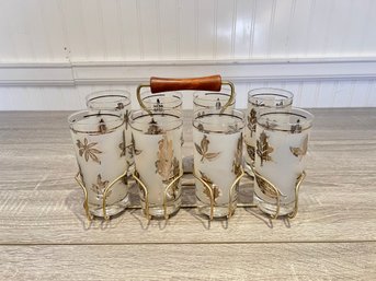 Set Of 8 Mid Century Libbey Silver Foliage Frosted Glasses In Wire Holder