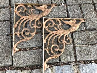 Spectacular Pair Of Antique Cast Iron Brackets With Birds - Traces Of Original Gold Gilding - INCREDIBLE PAIR