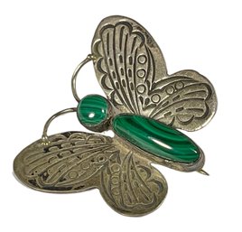 Mexican Sterling Silver And Malachite Butterfly Brooch