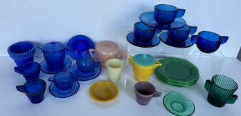 VTG Large Lot Of Miniature Depression Glass,milk Glass, Jadeite Cups & Saucers Some Marked  ( READ DESC)