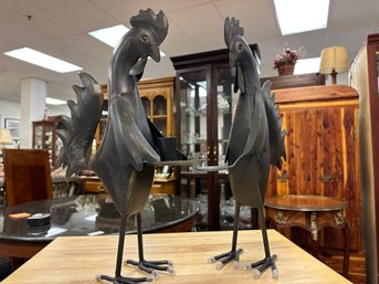 Pair Metal Rooster Candle Holders