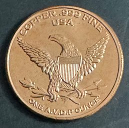 One AVDP Ounce .999 Fine Copper Round