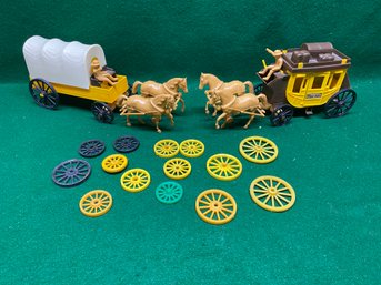 Vintage 1960s Cowboy Western Stage Coach And Covered Wagon With Extra Wheels. Processed Plastics. Made In USA.