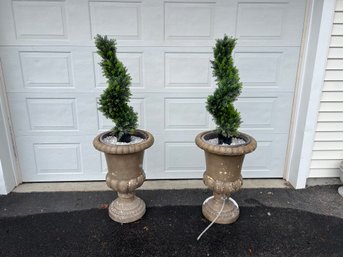 Pair Of Artificial Trees In Planters With White Rocks
