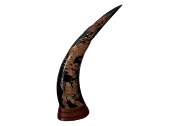 Mounted Trophy Animal Horn With Incredible Chinoiserie Dragon And Bird Pattern