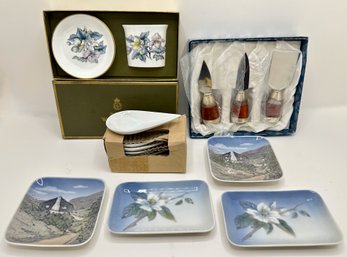 New In Box Royal Worcester Serving Set, New Cheese Knife Set, 6 Soup Spoons & 4 Royal Copenhagen Plates