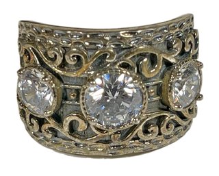 Fancy Wide Sterling Silver Ladies Ring Having Large White Stones About Size 6