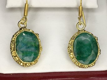 Fantastic Sterling Silver / 925 Earrings With 14K Gold Overlay With Rough Cut Emeralds From  - WOW !