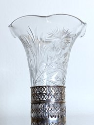 Sterling Silver Reticulated Base With Fluted Etched Crystal Vase - Unidentified Hallmark