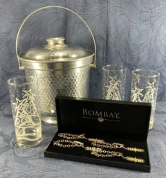 MCM Hammered Alum Ice Bucket Made In Italy, Etched Drink Glasses,  & Bombay Wine Carafe Labels