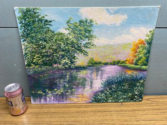 Beautiful Vintage Oil On Board Landscape Painting Of Pond In Summer. Signed Philip Davis 1967.