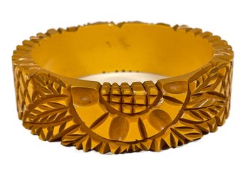 Superb Heavily Carved Bangle Bracelet Butterscotch Bakelite Plastic