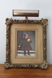 Antique Beautifully Framed Oil On Canvas Of A Young Boy Holding Snowballs With Display Light