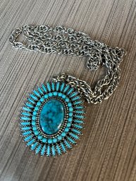 Southwest Inspired Turquoise Sunburst Necklace In Silver Finish