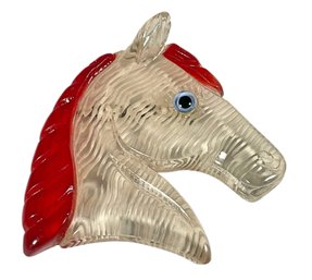 Large Vintage Bakelite Lucite Reverse Carved Red Colorless Horse Head Brooch