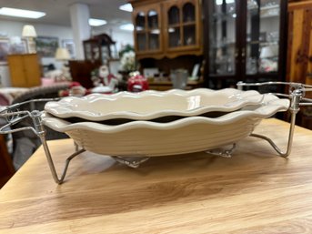 2 Scalloped Edge Baking Dishes With One Metal Holder