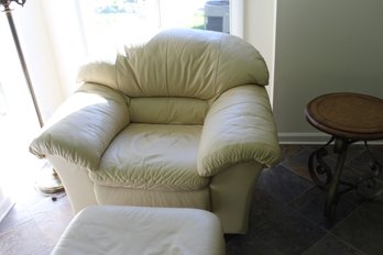 Overstuffed White Leather Chair And Ottoman