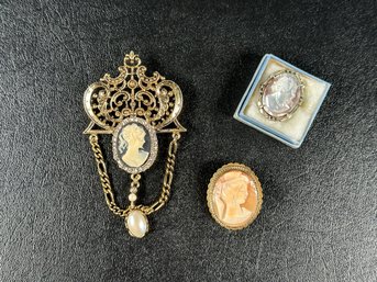 Three Lovely Vintage Cameo Pin Pendants