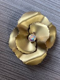 Vintage Pansy Flower Brooch In Matte Gold With A Crystal Center Accent Stone