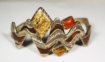 Modernist Sterling Silver Copper Stone Inlaid Cuff Bracelet Signed