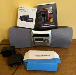 Vintage Delphi Boom Box, Sosun Video Camera, Emergency Radio And Solar Portable Charger