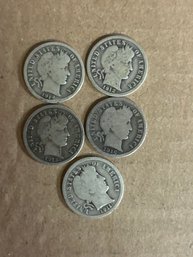 Lot Of 5 Barber Dimes 90 Silver