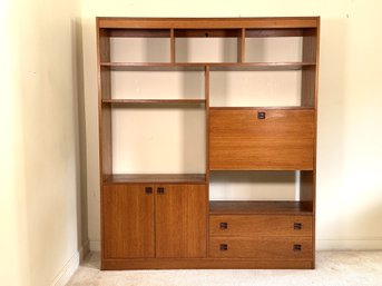 A Gorgeous Mid-Century Modern Wall Unit In Teak With Drop-Down Desk Surface