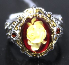 Fine Contemporary Sterling Silver Ring Having Genuine Amber Stone W Flower Size 6