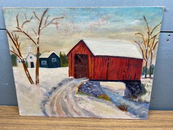 Vintage Oil On Board Painting Of Winter Scene With Red Covered Bridge. Signed Edie Johnson.