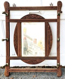 A 19th Century Hall Unit - Carved Wood, Brass Hooks, And Beveled Mirror