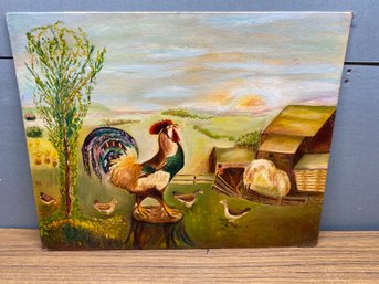Wonderful Vintage Folky Oil On Board Barnyard Painting With Rooster. Signed Anna Pash. Measures 16' X 20'.