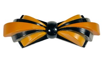 Fantastic Art Deco Dual Color Butterscotch And Black Bakelite Plastic Brooch