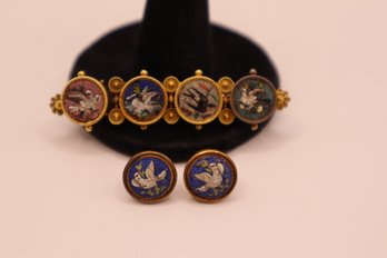Vintage Micro Mosaic Birds Pin And Earrings Set Marked 14K On Earrings Posts And Backings