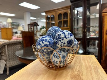 Basket Full Blue And White Porcelain Balls Metal Basket