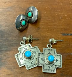 2 Cute Pairs Pierced Turquoise And Sterling Earrings ~ Cross & Button ~ Turquoise Center Stones