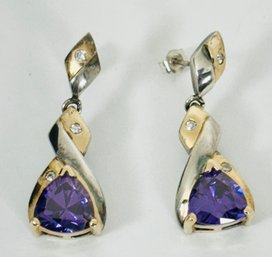 BEAUTIFUL TWO-TONE STERLING SILVER PURPLE AND WHITE STONE DANGLE EARRINGS