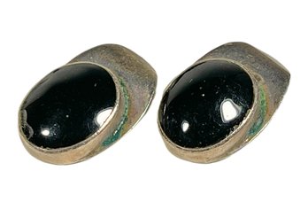 Pair 1980s Vintage Black Onyx Sterling Silver Mexican Earrings Ear Clips