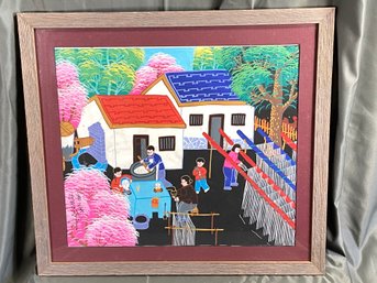 Rare Original Chinese Painting Asian Folk Art Signed 22x20 Matted Wood Frame