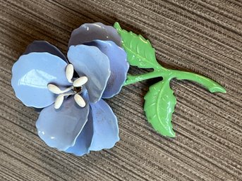 Large Vintage Enamel Pansy Brooch In Cornflower Blue And Green