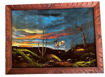 Framed Painting Night Scene Desert Antelope