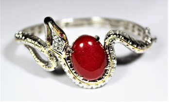 Large Ruby Stone Snake Formed Hinged Sterling Silver Cuff Braclet