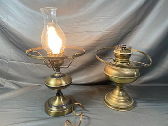 Vintage Brass Lamps 1 Electric And 1 Oil Lamp 12in