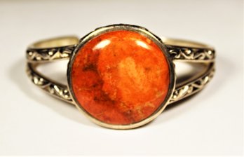 Large Round Orange Stone Set In Sterling Silver Fancy Cuff Bracelet