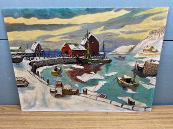 Vintage Oil On Board Painting Of Wharf With Fishing Boats. Signed V. Maitland. Alaska?